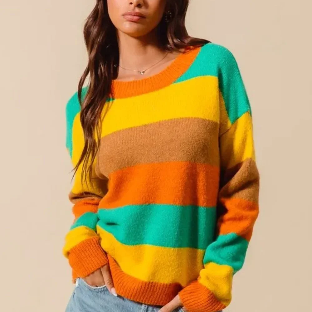 SO ME Multi‎ Color Stripe Sweater with Ribbed Detail